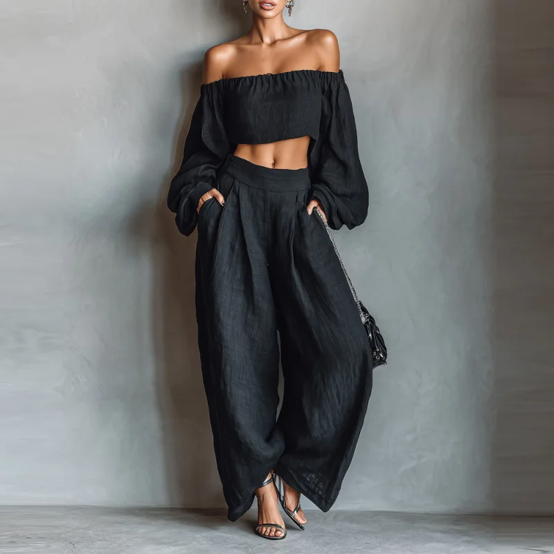 

2026 Women's Two-piece Set Spring And Summer New Solid Color One Shoulder Long Sleeve Elegant Wide Leg Pant Roupas Feminina