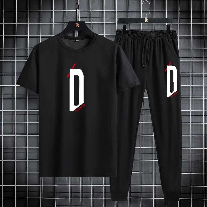 Summer sports and leisure set short sleeved T-shirt 2023 trendy Korean slim fit sports pants thin two-piece set