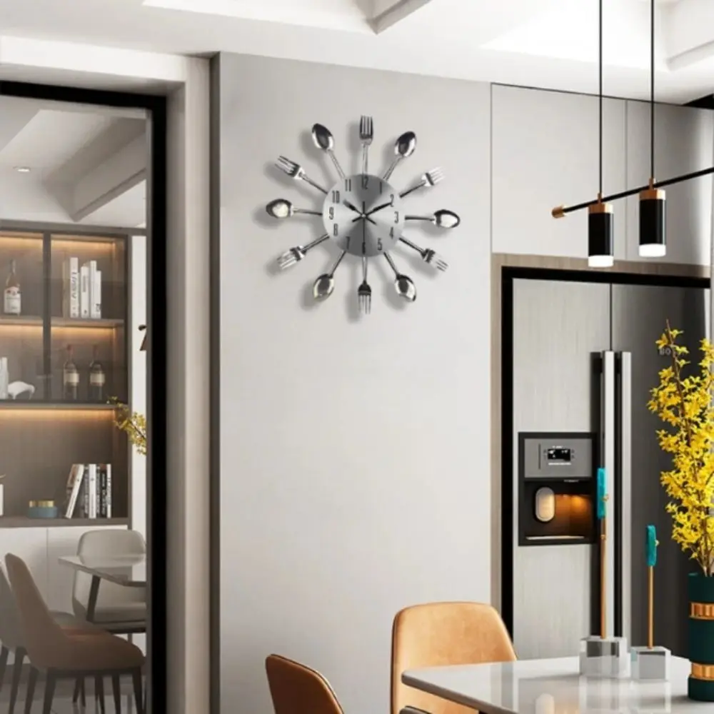 Room Home Decoration 3D Spoon Fork Wall Clock Removable Modern Metal Clock Fashion Electronic Cutlery Wall Clock Living Room