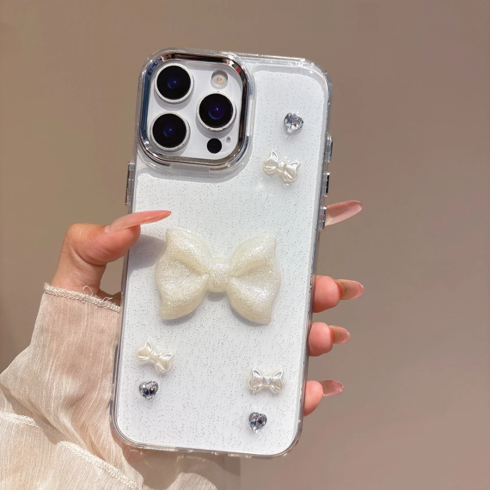 

3D Transparent Bling Glitter Bowknot Phone Case for Iphone 17 16 14 13 12 11 15 Pro Max Drop Glue Shockproof Bumper Back Cover