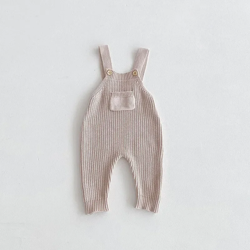 2024 Baby Rompers New Autumn Infant Girls Overalls Solid Color Pocket Shoulder Strap Pants Toddler Cotton Knitted Jumpsuit 0-3T