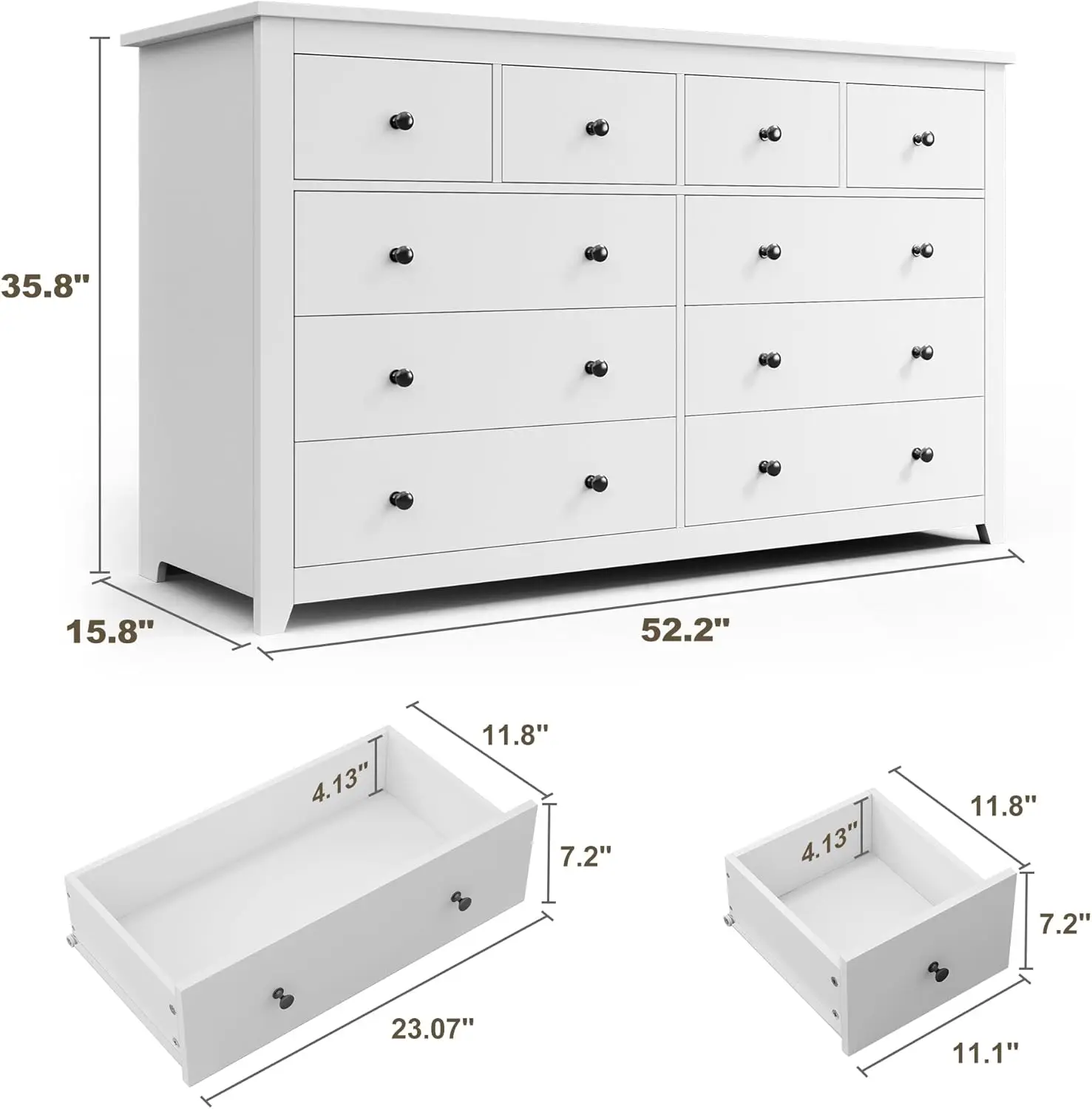 White Dresser, Dresser for Bedroom with 10 Wood Drawers Dressers & Chests of Drawers with Smooth Metal Rail, Wide Storage Dresse