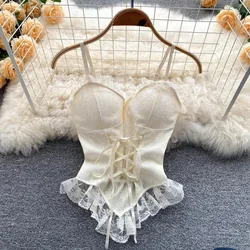 Vintage Lace Corset Bustier Women Spaghetti Straps Tanks and Camis Sexy Slim Crop Top Urban Chic Camisole Fashion Summer Clothes