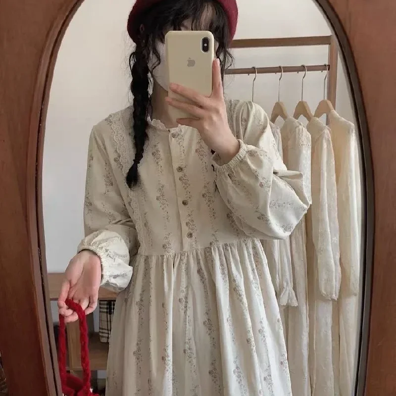 

Платья с цветочным принтом, женская уличная одежда, универсальные вельветовые модные шикарные повседневные свободные платья, уютные платья с длинными рукавами, весенние японские платья