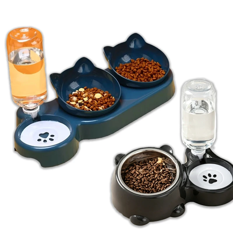 Comedouro Automático 3 em 1 Antitombamento para Gatos e Cães Pequenos, com Bebedouro Duplo e Individual, Recipiente para Ração de Animais de Estimação