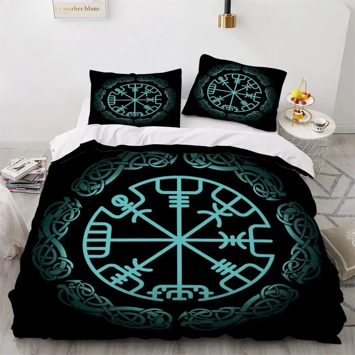 Viking Duvet Cover Set Nordic Viking Runes Print Bedding Set for Kids Teen Men King Size 2/3pcs Soft Polyester Comforter Cover