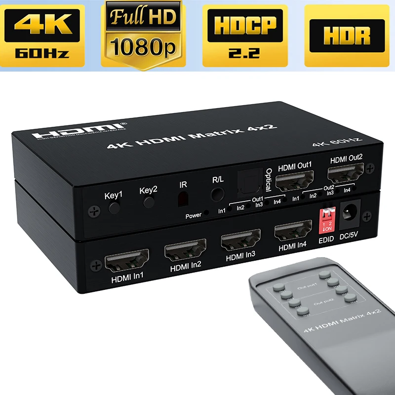 4K HDMI True Matrix Switch 2x4 4x2 Matrix HDMI Video Switch Splitter 2 In 4 out with Optical & R/L Audio Extractor Dolby HDCP2.2