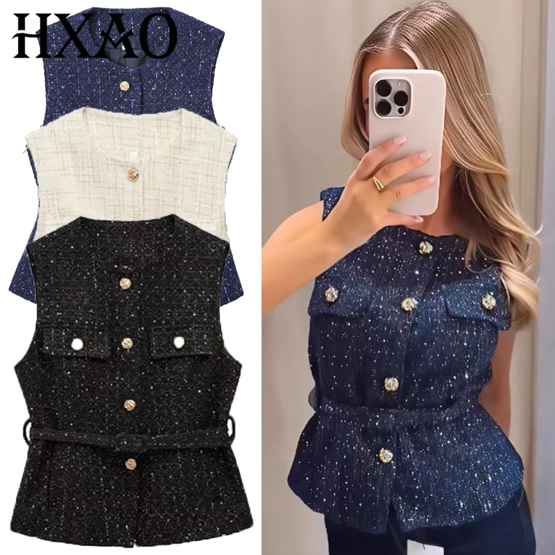 HXAO Women's Vest Summer 2025 Blue Off White Black Vest Textured Waistcoat Woman Button Sleeveless Vest Women Fashion Outerwears