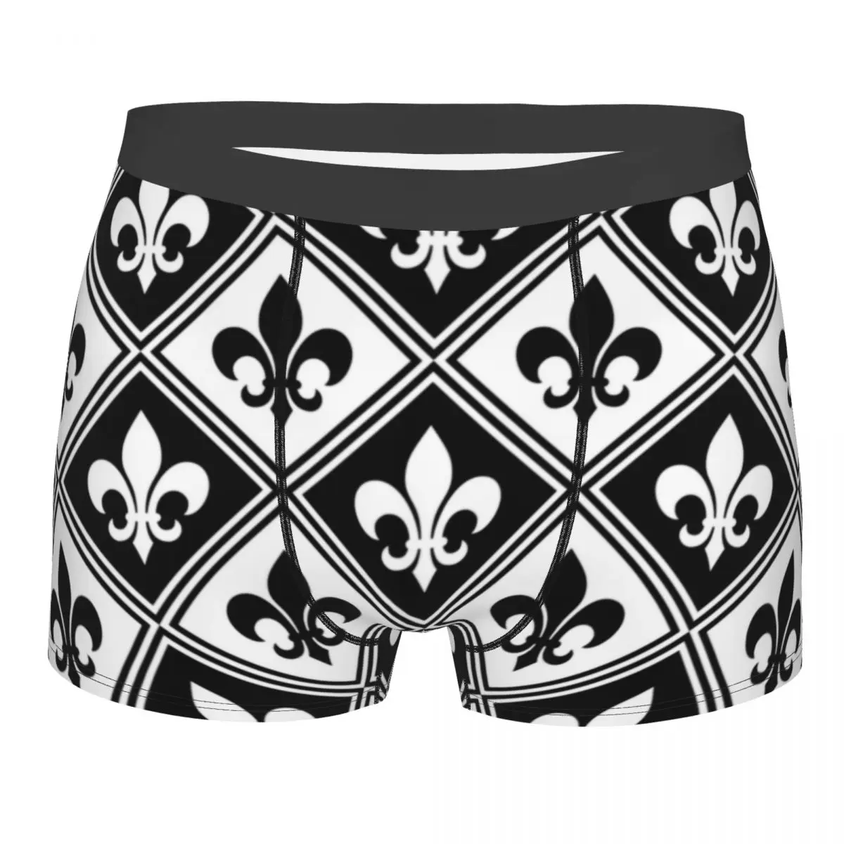 Custom Black Fleur De Lis And Diamond Pattern Underwear Men Sexy Print Custom Fleur-De-Lys Lily Floral Boxer Shorts Panties