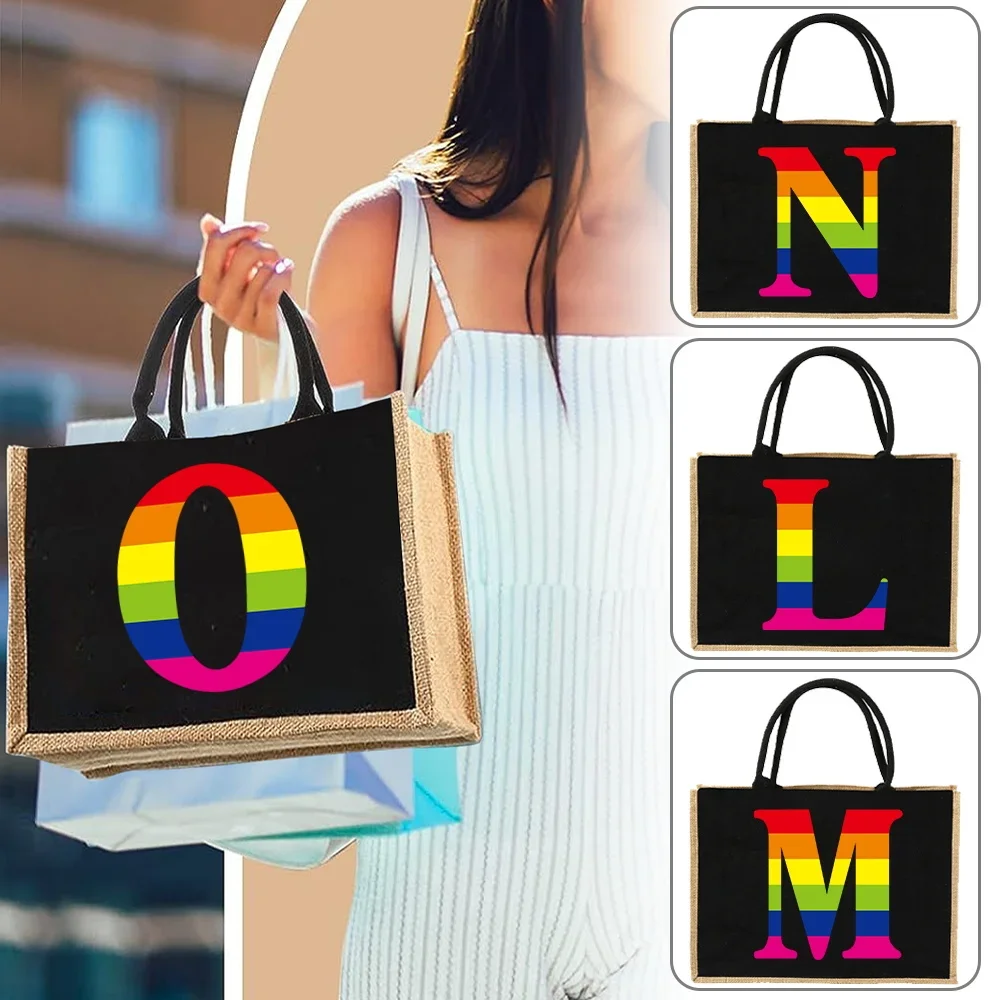 Jute Bag Handbag Linen Shoulder Bag Sacks Jute Imitation Sacks Linen Bags Women Shopping Bags Tote Laminated Rainbow Letter Bags