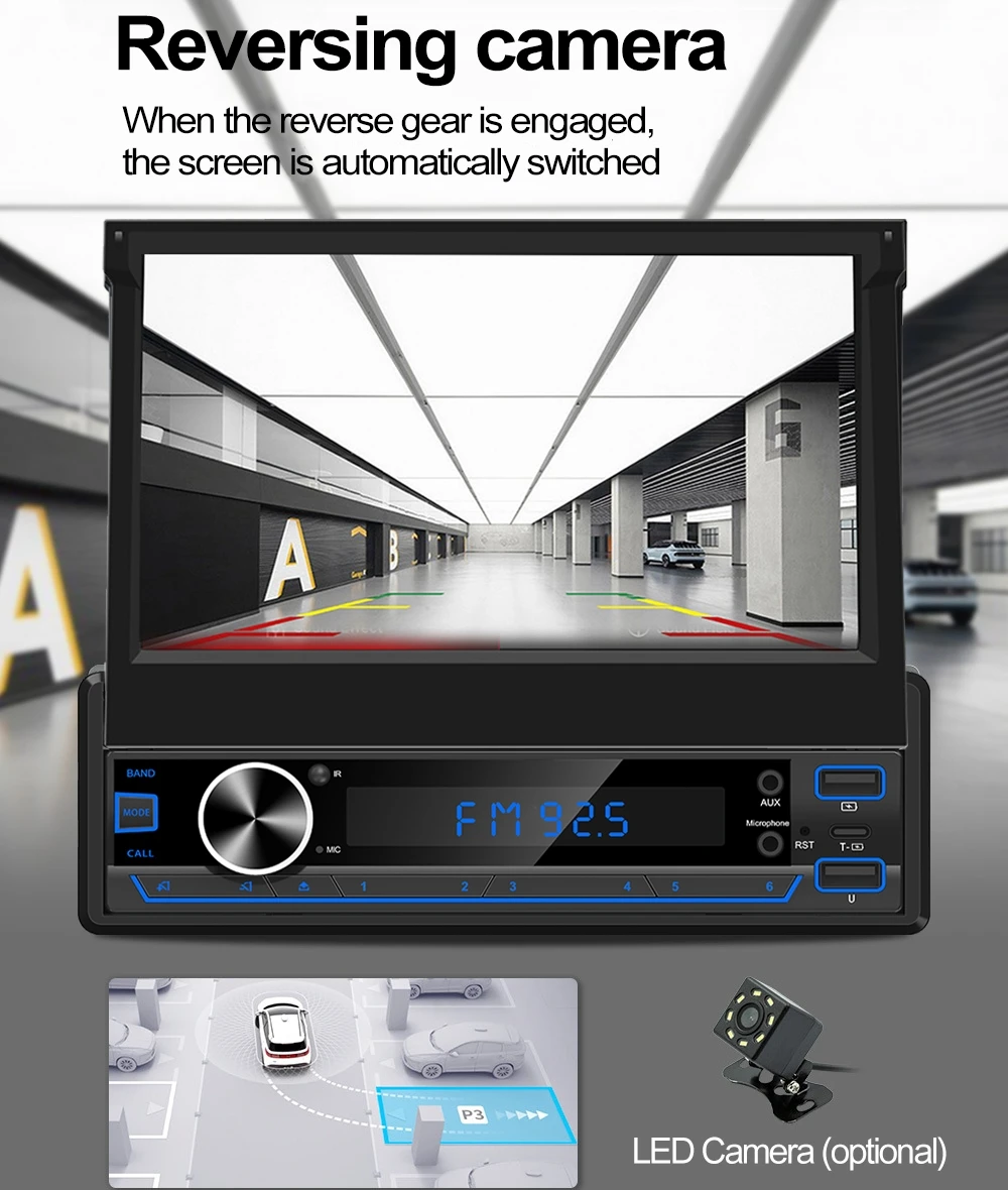 Universal 1Din Car Radio 7 Inch Electric Retractable Touch Screen MP5 Player Wireless Carplay Mirror Link Multimedia Autoradio