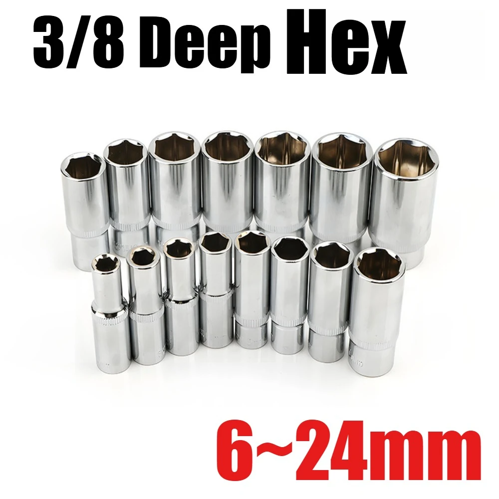 

3/8” Drive 6-Point Deep socket head 10mm Hole Hex Extension Sleeve Head 6 7 8 9 10 11 12 13 14 15 16 17 18 19 20 21 22 23 24mm