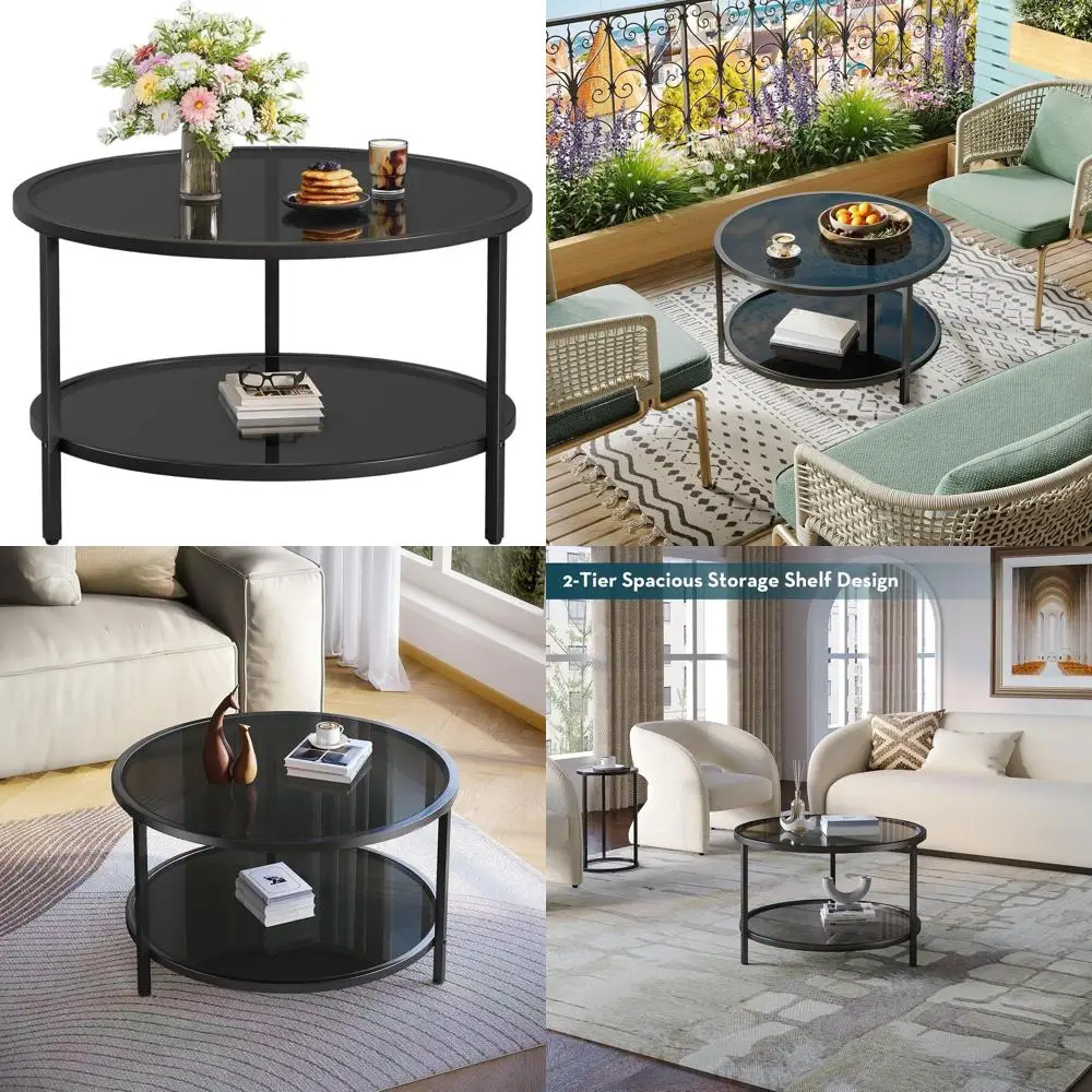 

27.6 Round 2-Tier Black Glass Coffee Table with Storage for Small or Large Spaces, Suitable for Home, Office, Living Room