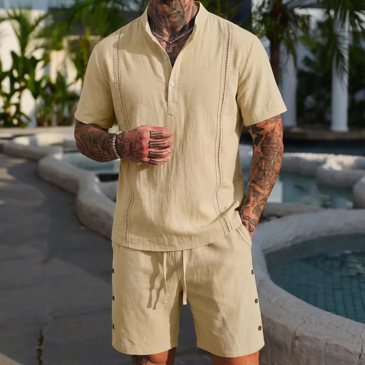 2026 Men's Summer Casual Henry collar Shirt Set Hawaii Men's Cotton Linen Solid color Short Sleeve Shirt + Shorts 2-Piece Set 
