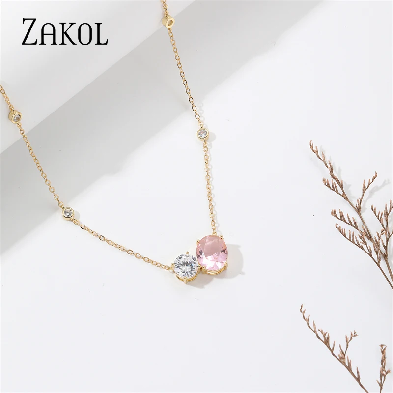 ZAKOL New Fashion Pink Oval Cubic Zirconia Pendant Necklaces for Women Geometric Gold Color Choker Girls Party Jewelry