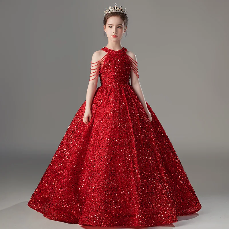 Gorgeous Girl Princess Bling sequin Red Dress Infant Toddler Child tutu Vestido Party Pageant Birthday Ball Gown Wedding dresses