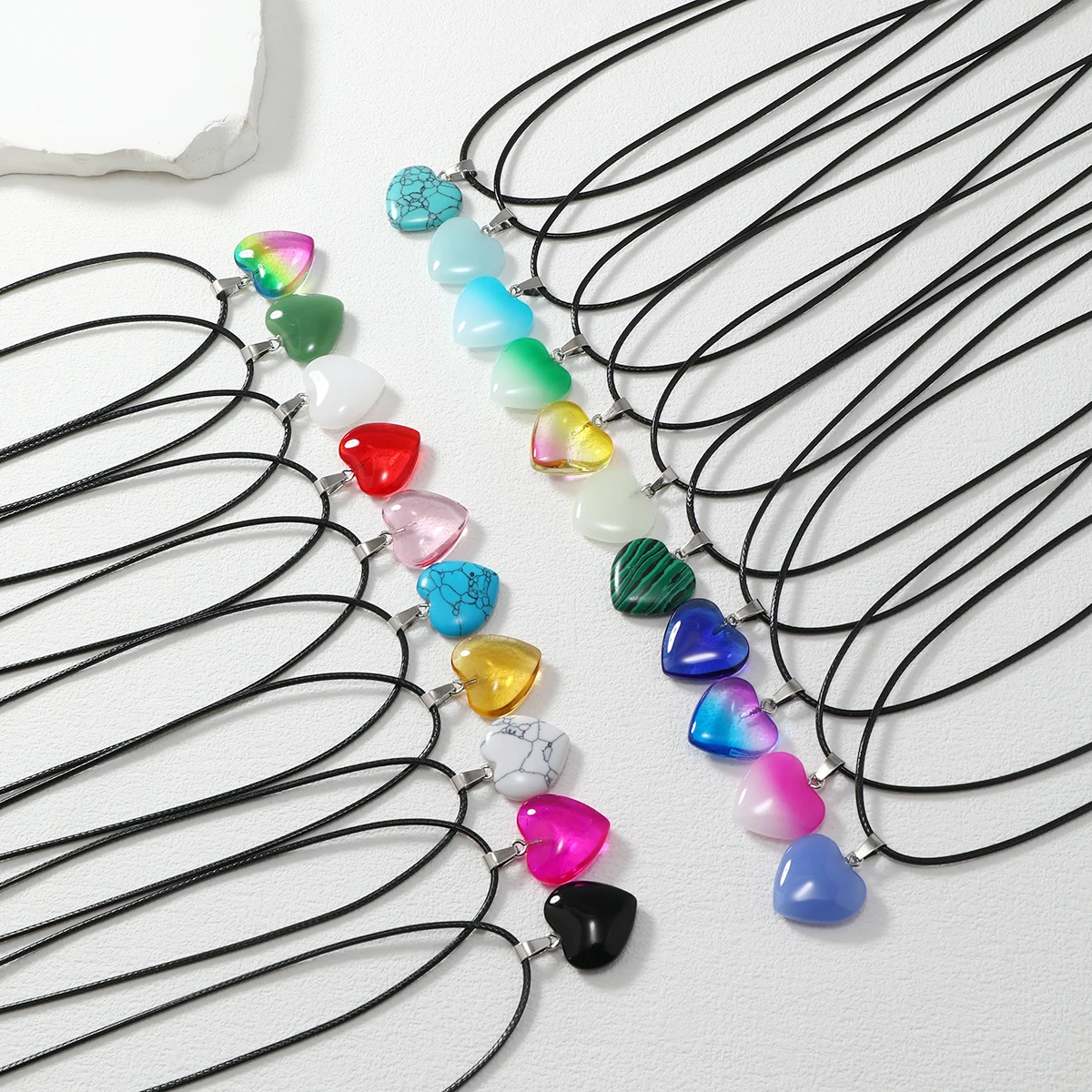 21PCS Hexagonal Column/peach Heart Shape Pendant Necklace Natural Stone Glass Pendant Necklace DIY Jewelry Accesories