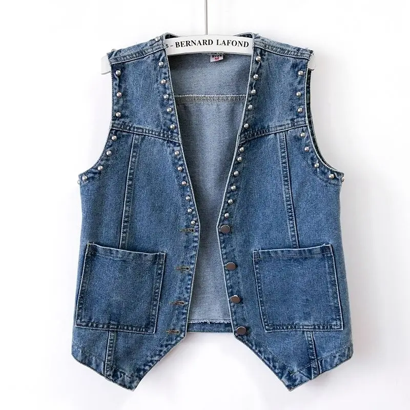 

Denim Vest Women Vintage Rivets Pockets Buttons Cardigan Sleeveless Jacket Streetwear V-neck Spring Autumn Coat Waistcoat Vest