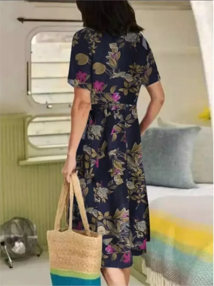 Abito casual con stampa floreale Lady Fashion manica corta scollo a V abiti vintage larghi per le donne Boho Holiday Abbigliamento donna estivo