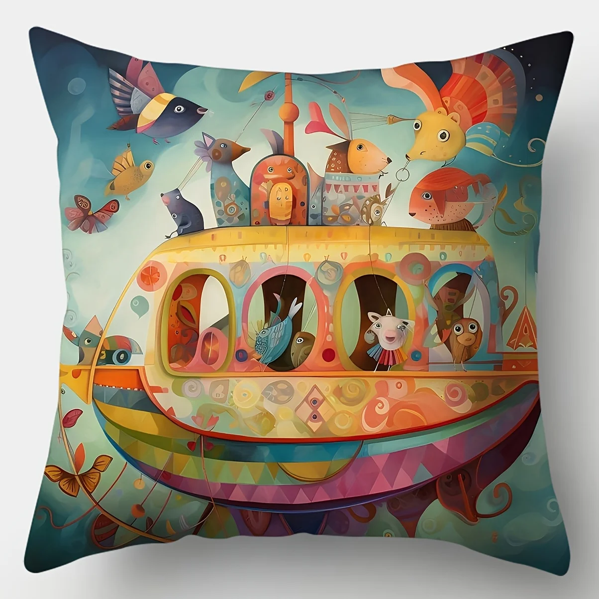 1PC 2D Flat Whimsical Underwater Adventure Throw Pillow Covers Cute Marine Life Boat Cushion Cases