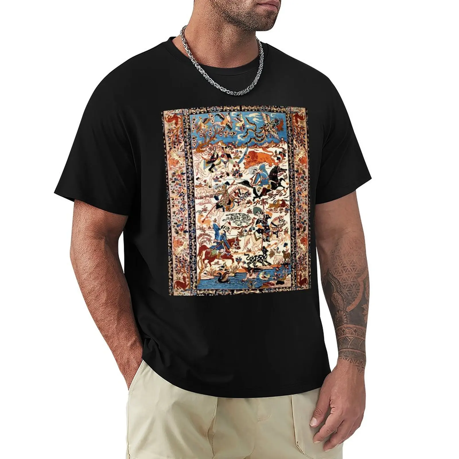 Blue Antique Persian Isfahan Silk Rug with Flowers Animals Print T-Shirt plus size tops cute clothes mens tall t shirts