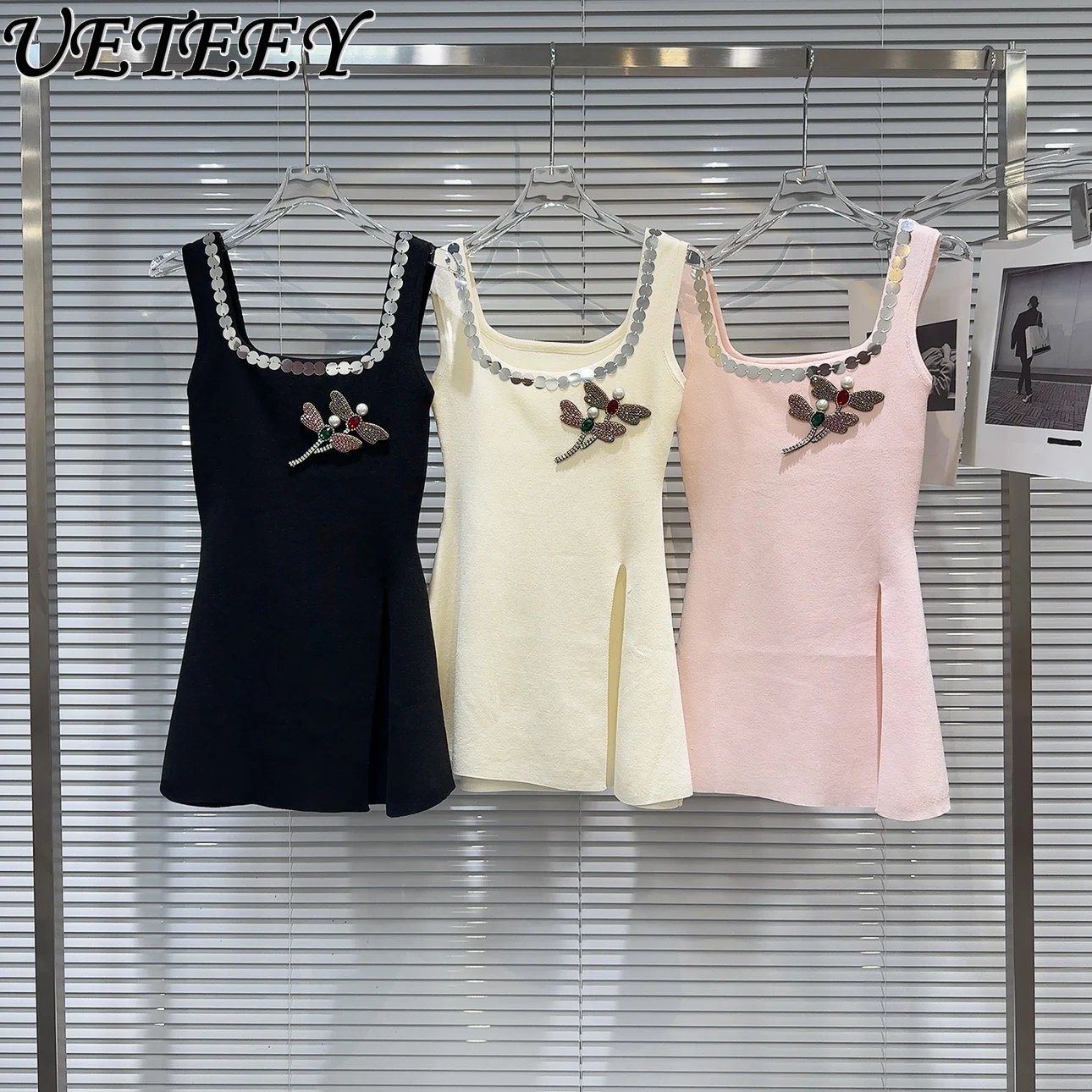 

Новинка лета 2024, милое Благородное женское трикотажное платье-жилет с разрезом, милое элегантное женское мини-платье для девушек, платье