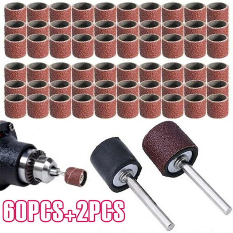 

60pcs Abrasive Tools 12.5mm *12.5mm 80 Grit Sanding Belts + 2 Pcs 1/2" Rubber Mandrel For Wood Soft Metal Grinding Polishing