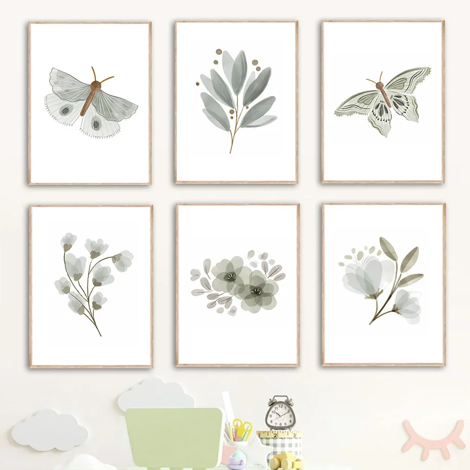 

Boho Butterfly Floral Sage Green Flower Nursery Wall Art Canvas Painting Nordic Posters And Prints Wall Pictures Kids Room Decor