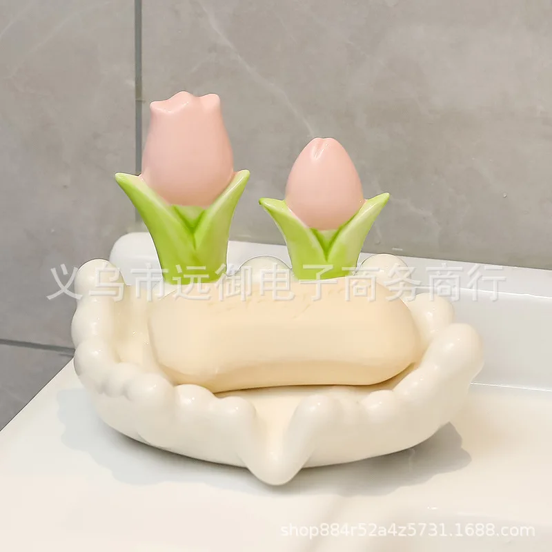 Tulip-shaped Soap Holder with Drainage,Bathroom Vanity Organizer,Anti-Slip Soap Dish,Flower-shaped Storage Rack for Home Decor