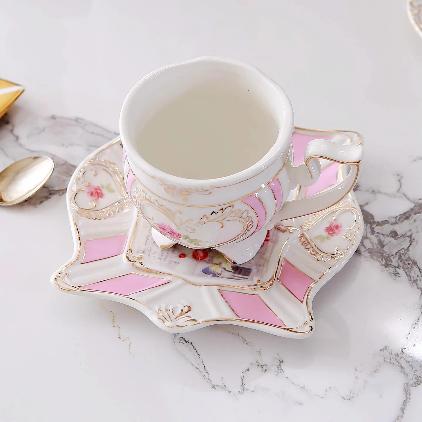 European court style craftsmanship, ceramic coffee cup, floral gold border, club home, afternoon tea cup and dish set