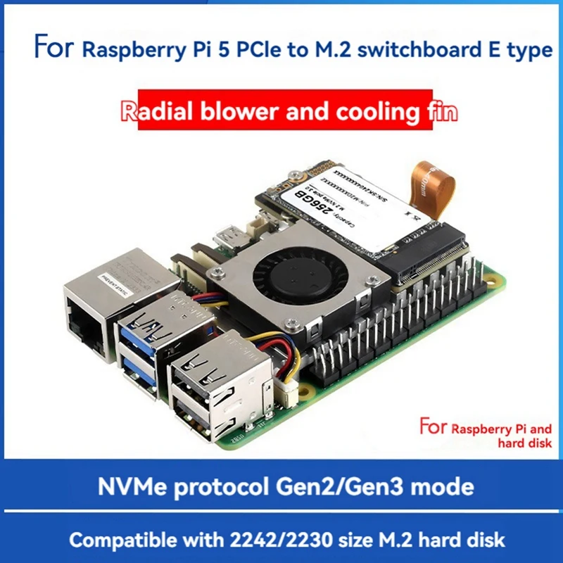 For Raspberry Pi 5 Pcle To M.2 Adapter Board With Blower+Heat Sink Gen3 M.2 Nvme Expansion Board For 2230 2242 Nvme SSD