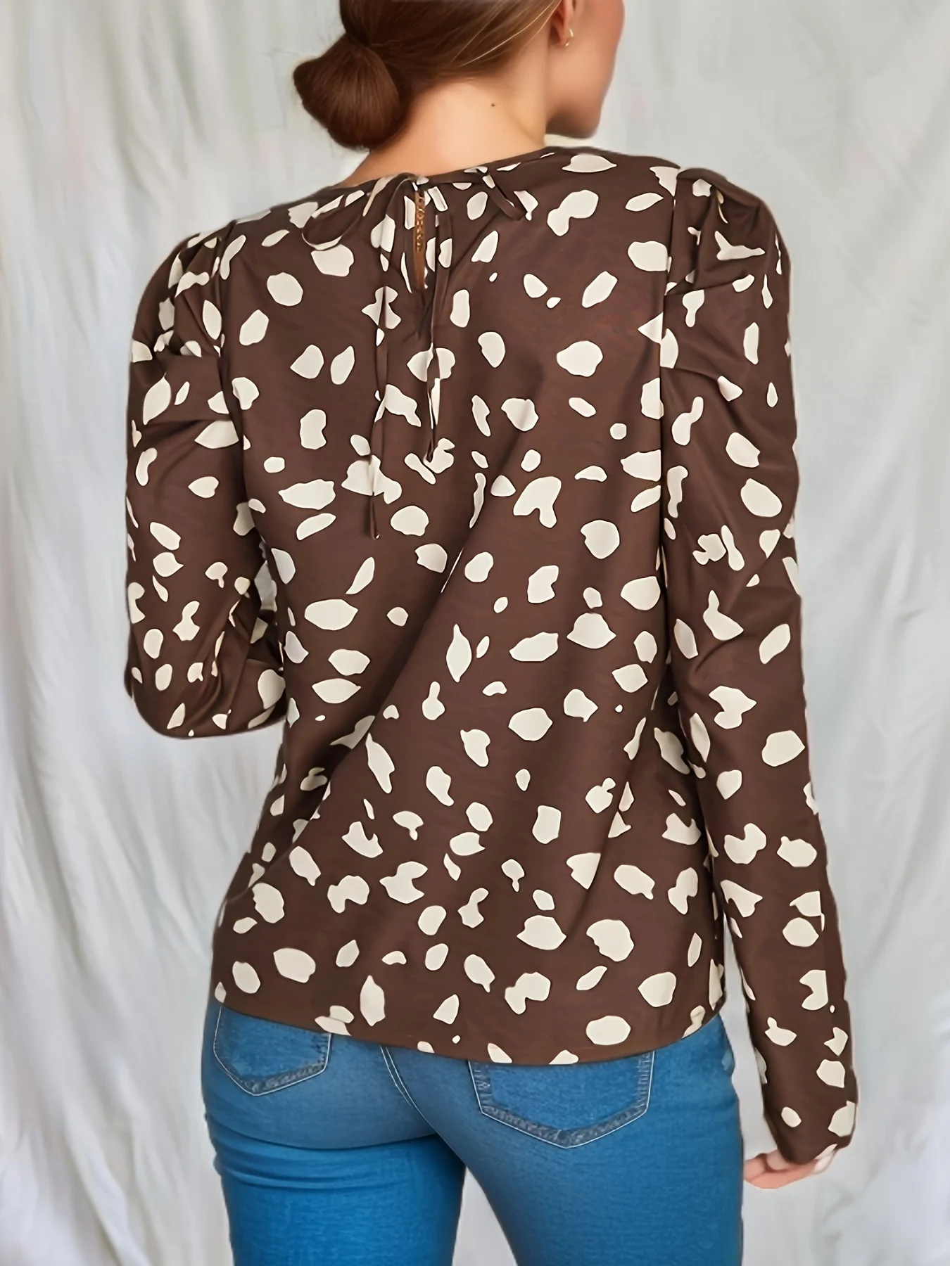 Celebrity Same Style European And N Retro Blouse Fashionable Print Brown Long-Sleeved Casual  Elegant Shrug Blouse Shirt