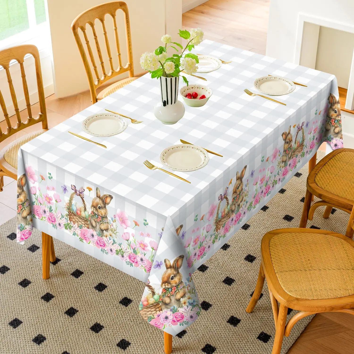 Spring Easter Bunny Eggs Flower Buffalo Plaid Waterproof Tablecloth Table Decor Washable Rectangle Table Cloth Easter Decoration