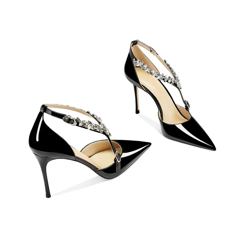 New pointed thin heel straight buckle black rhinestone chain toe sandals for women with high heels, women's shoes