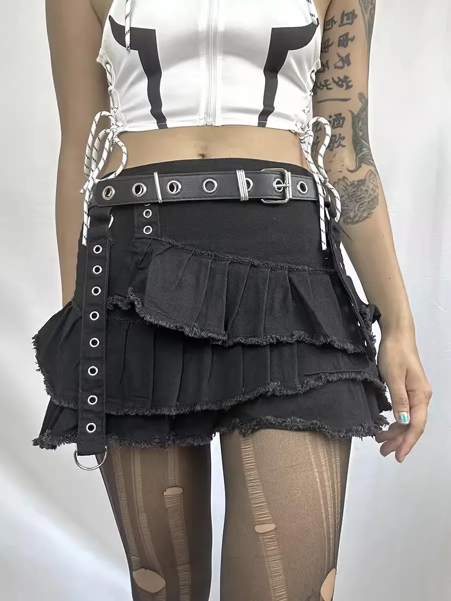 RORORIRI Low Rise Pleated Mini Denim Skirt Women Black Solid Raw Hem Irregular Tiered Ruffle Cake Skirt Dark Punk Gothic Clothes