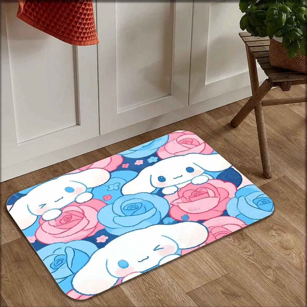 Alfombra de bienvida Kawaii con flores rosas، Cinnamorolls، alfombra de cocina antideslizante latable، alfombras suaves para #4