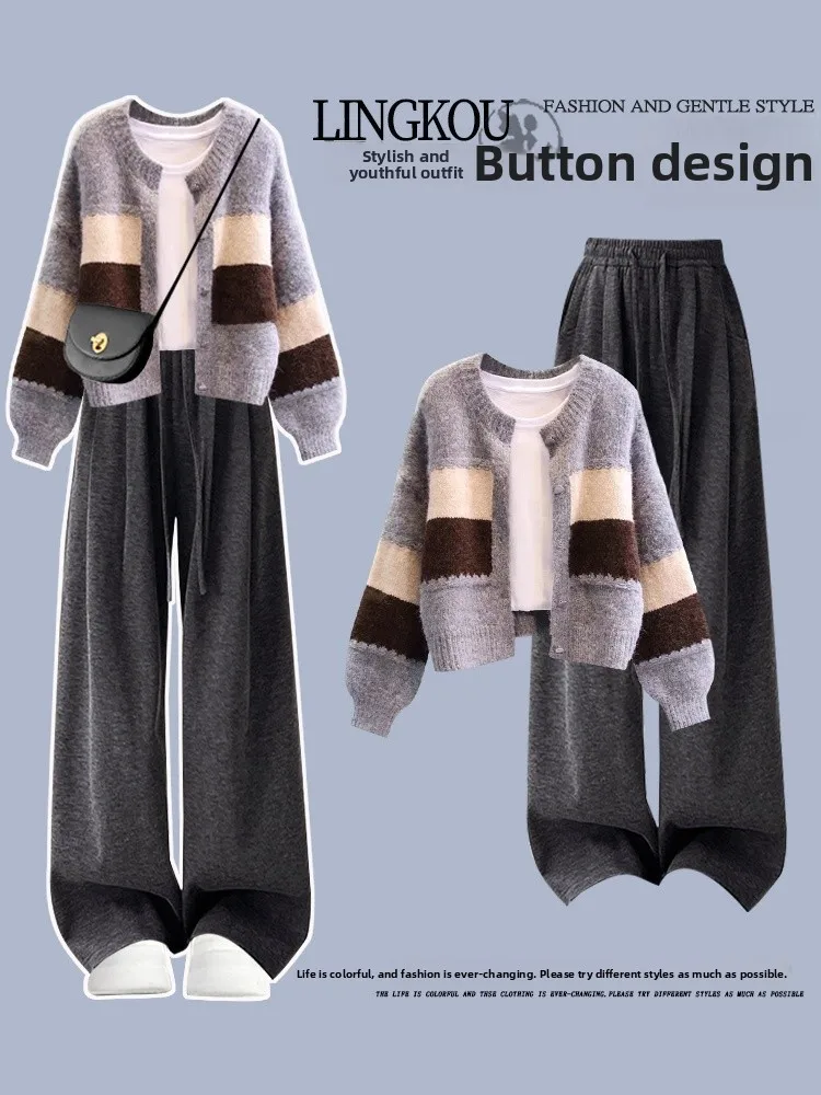 plus Size Autumn Casual Knitted Cardigan Sweater Outerwear High Waist Slimming Wide Leg Pants Two Piece Set Women's Fashion