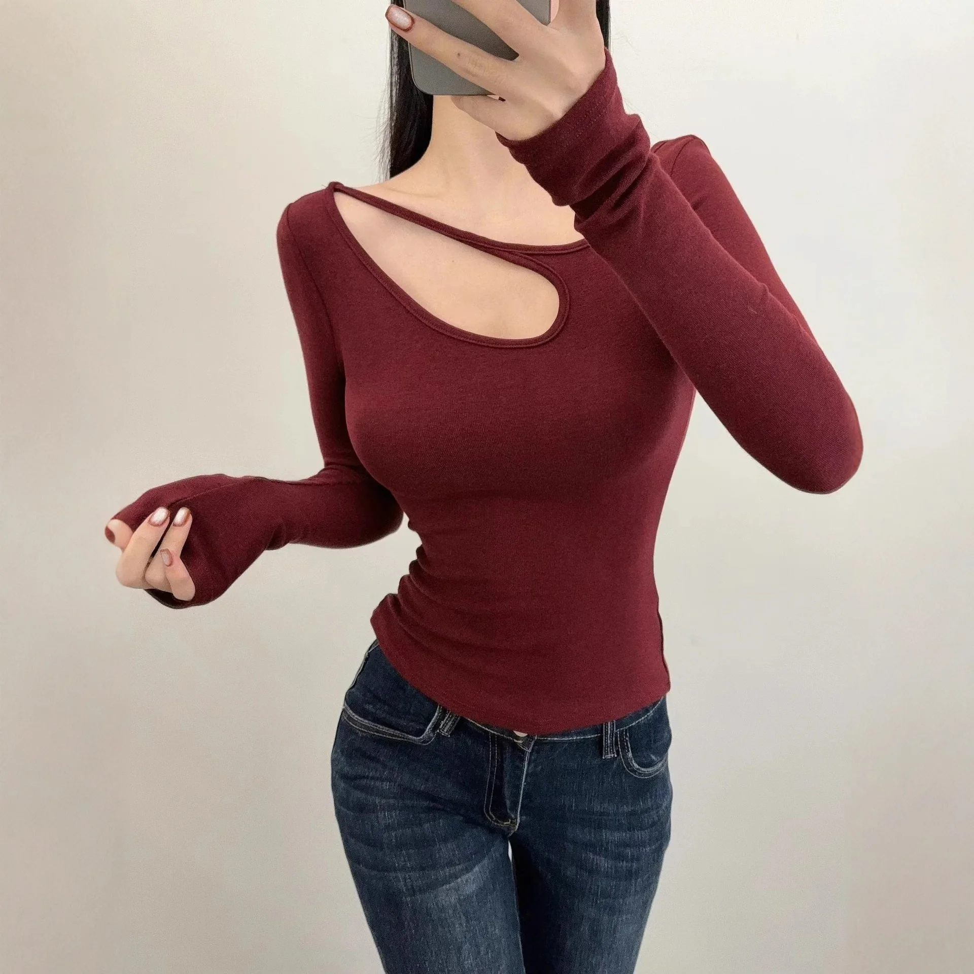 Slimming Hollow Out Stretch Long Sleeve T-Shirt For Women 2025 Autumn Winter American Style Hot Girl Solid Color Sexy Slim RSM0