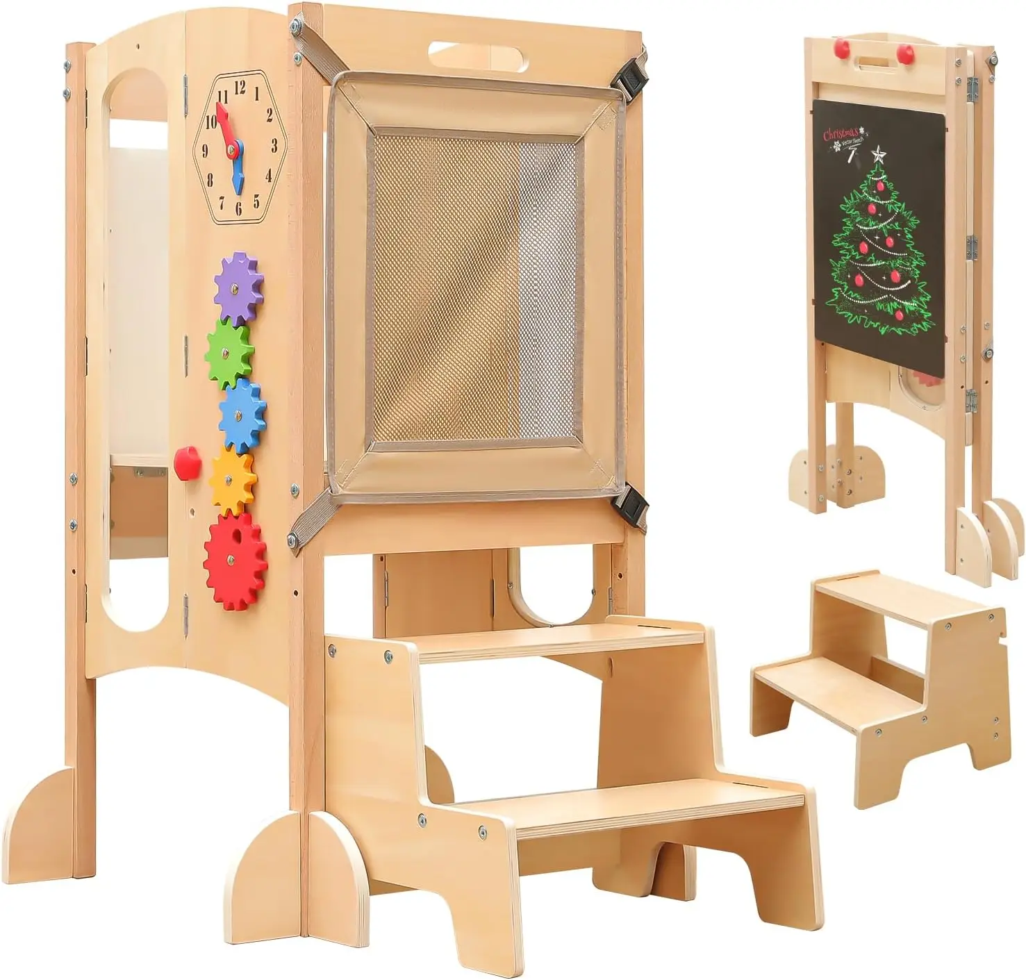 Torre para niños pequeños, taburete de cocina para niños pequeños con taburete de 2 escalones, taburete de madera para niños pequeños con red de seguridad, altura ajustable