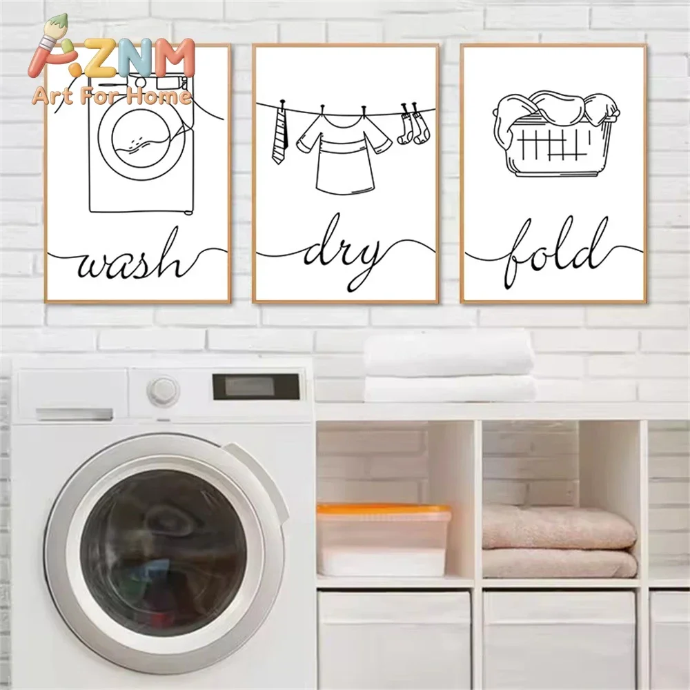 AZNM Laundry Room Canvas Poster Wash Dry Fold Line Art Minimalist Black White Quote Print Laundry Home Wall Decor Unframed Canva