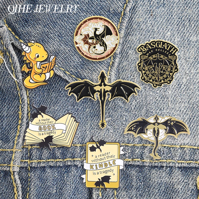 Fantasy Novel Black Dragon Reading Enamel Pin Fantasy Dragon A Reader Without Their BOOK Is A Tragedy Brooch Bags Jewelry Badges