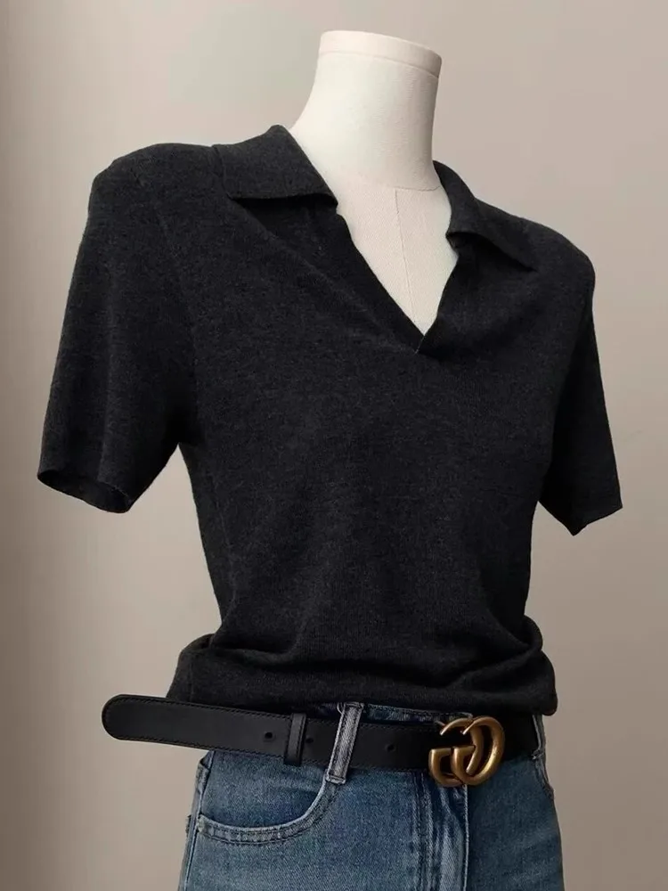 Retro Hong Kong Style Black  Shirt Knitted Short Sleeve V-Neck Women's T-Shirt Slim Fit Summer Top Korean Version Commute...