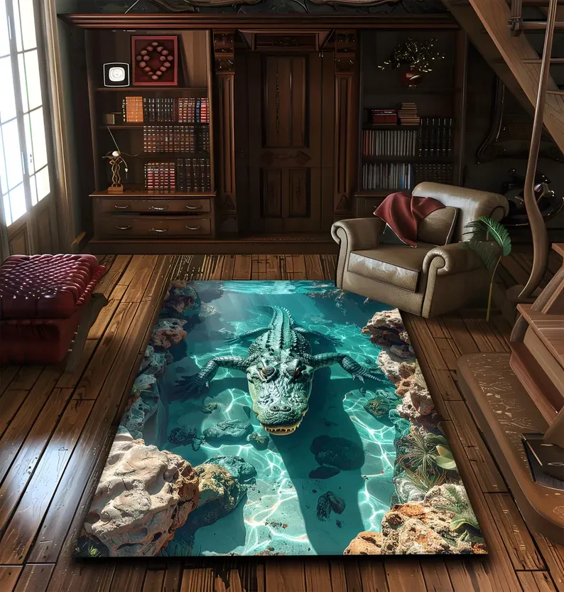 3D Alligator Rug Underwater Optical Illusion Carpet Game Room Decor