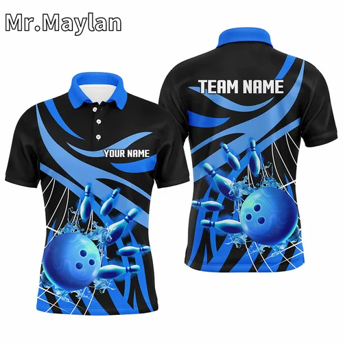 남녀공용 맞춤형 스포츠 폴로 셔츠, 블루 플레임 볼링 팀 저지, 팀 볼러 유니섹스 상의, 3D 선물  Best5