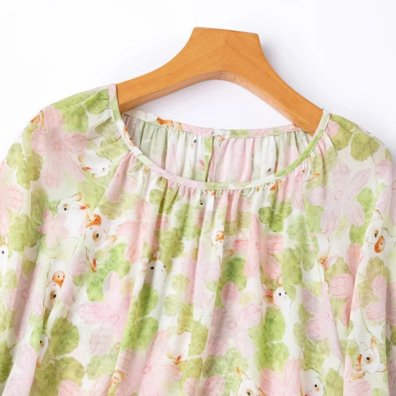 Birdtree, 100% Real Silk Print Blouse, O-neck Lantern Sleeve Loose Shirt, Women Double Crepe Thin Tops, 2026 Summer New T65034JF