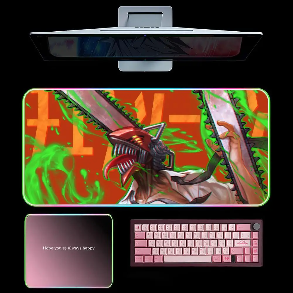 

Anime Chainsaw Man Mouse Pad RGB Gaming Mousepad LED Large Games Mouse pads XXL Keyboard Pad Luminous Desk Mat Backlit