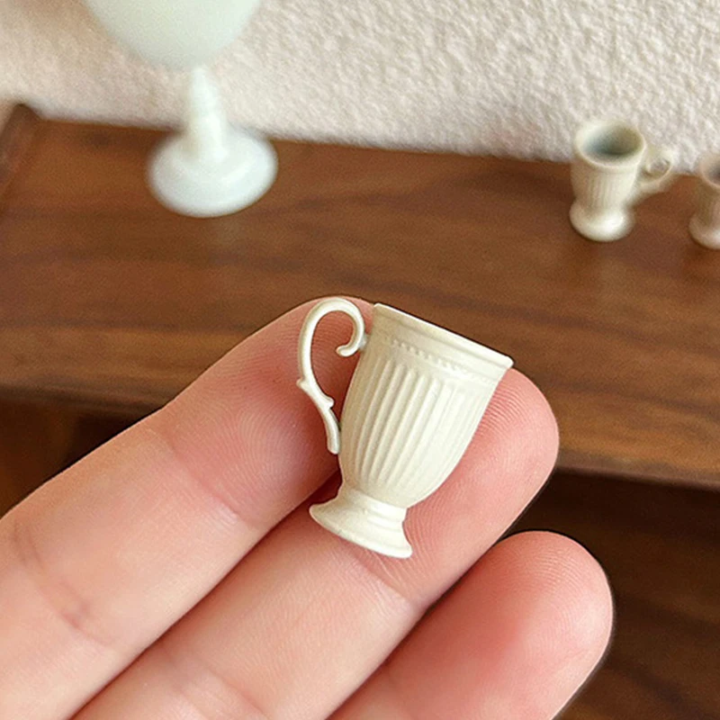 

Dollhouse Miniature High Foot Relief Mark Coffee Cup With Handle French Retro Mini Simulation Scene Decor High End Stemmed Mug