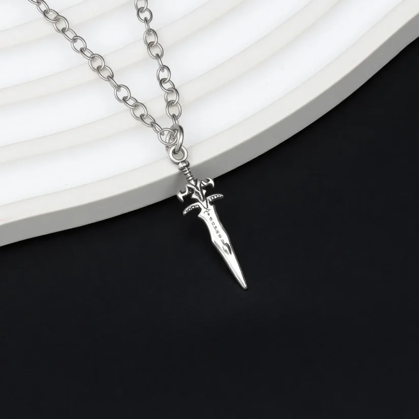 Silver Plated Metal Charm Short Necklace Ornate 3D Small Demon sword Pendant Amulet Vampire Occult Goth Gothic Necklace