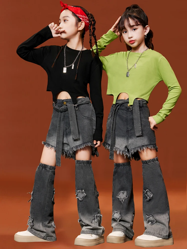 Ragazze Jazz Dance Clothes maniche lunghe Cropped Tops Fashion Jeans Kpop Performance clotume Group Hiphop Suit Stage Wear BL11568