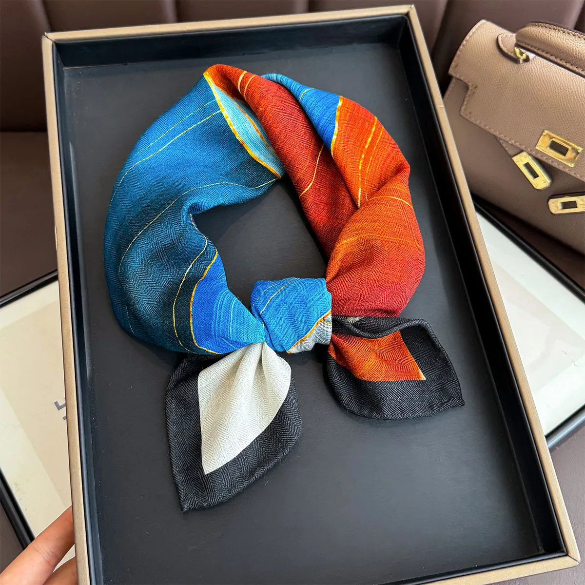 New 82% Wool 18% Silk Square Scarf 62cm Women Print Double Sided Bandana Neckerchief Headscarf Fashion Hair Wrap Shawl Gift Box view 5